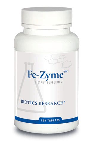 Biotics Research Fe-Zyme dietary supplement bottle featuring white packaging with blue accents, a laboratory beaker graphic, and a 100 tablets count