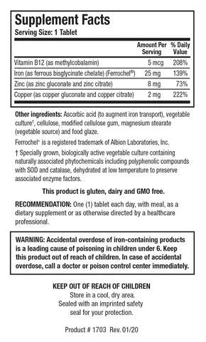Supplement Facts label for Fe-Zyme showing a serving size of 1 tablet, containing 5 mcg of Vitamin B12, 25 mg of Iron (as ferrous bisglycinate chelate), 8 mg of Zinc, and 2 mg of Copper