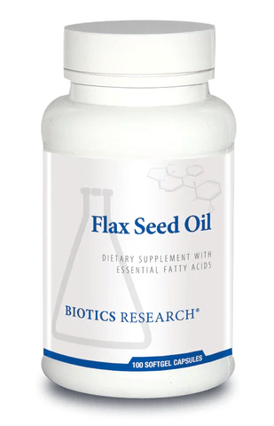 Biotics Research Flax Seed Oil dietary supplement bottle featuring white packaging with blue accents, a laboratory beaker graphic, and a 100 softgel capsules count.