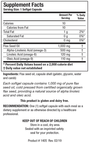 Supplement Facts label for Flax Seed Oil showing a serving size of 1 softgel capsule, containing 10 calories, 1 g of total fat, 1,000 mg of Flax Seed Oil, 500 mg of Alpha-Linolenic Acid (omega-3), 120 mg of Linoleic Acid (omega-6), and 110 mg of Oleic Acid (omega-9).
