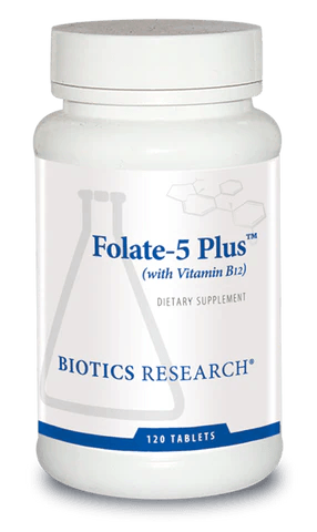 Biotics Research Folate-5 Plus dietary supplement bottle featuring white packaging with blue accents, a laboratory beaker graphic, and a 120 tablets count