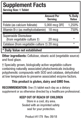 Supplement Facts label for Folate-5 Plus showing a serving size of 1 tablet, containing 5,000 mcg DFE of Folate, 18 mcg of Vitamin B12, 20 mcg of Superoxide Dismutase, and 20 mcg of Catalase
