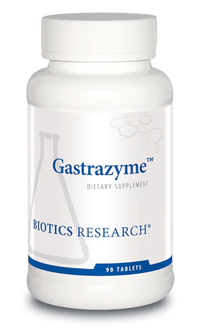 Biotics Research Gastrazyme dietary supplement bottle featuring white packaging with blue accents, a laboratory beaker graphic, and a 90 tablets count.