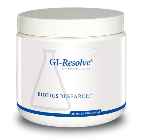 Biotics Research GI-Resolve dietary supplement container featuring white tub packaging with blue accents, a laboratory beaker graphic, and a net weight of 6.7 ounces (189 g).
