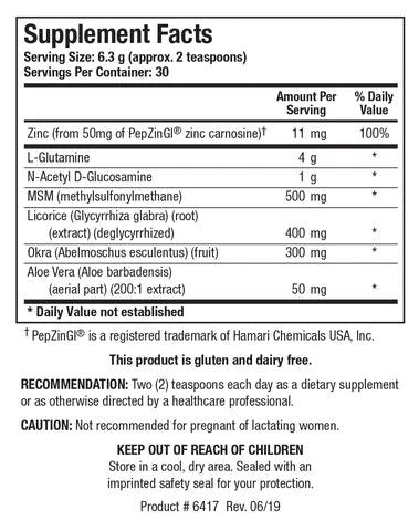 Supplement Facts label for GI-Resolve showing 30 servings per container with a serving size of 6.3 g (approx. 2 teaspoons), containing 11 mg of Zinc, 4 g of L-Glutamine, 1 g of N-Acetyl D-Glucosamine, 500 mg of MSM, 400 mg of Deglycyrrhized Licorice extract, 300 mg of Okra, and 50 mg of Aloe Vera extract