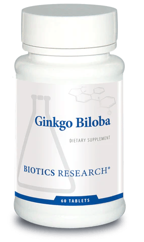 Biotics Research Ginkgo Biloba dietary supplement bottle featuring white packaging with blue accents, a laboratory beaker graphic, and a 60 tablets count