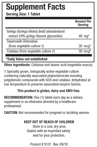 Supplement Facts label for Ginkgo Biloba showing a serving size of 1 tablet, containing 40 mg of Ginkgo leaf standardized extract, 30 mcg of Superoxide Dismutase, and 30 mcg of Catalase.