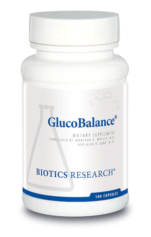 Biotics Research GlucoBalance dietary supplement bottle featuring white packaging with blue accents, a laboratory beaker graphic, formulation details by Jonathan V. Wright, M.D. and Alan R. Gaby, M.D., and a 180 capsules count.