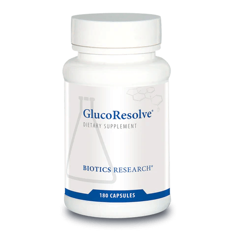 Biotics Research GlucoResolve dietary supplement bottle featuring white packaging with blue accents, a laboratory beaker graphic, and a 180 capsules count