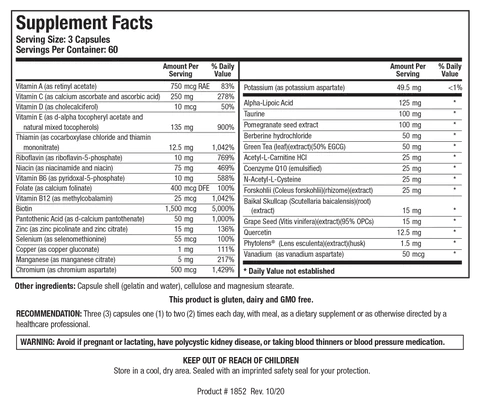 Supplement Facts label for GlucoResolve showing 60 servings per container with a serving size of 3 capsules, containing extensive vitamins, minerals, and proprietary extracts including Vitamin A, Vitamin C, Alpha-Lipoic Acid, and Berberine hydrochloride.
