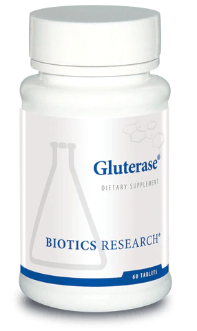 Biotics Research Gluterase dietary supplement bottle featuring white packaging with blue accents, a laboratory beaker graphic, and a 60 tablets count.