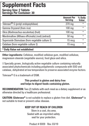 Supplement Facts label for Gluterase showing 30 servings per container with a serving size of 2 tablets, containing 270 mg of Tolerase G, 100 mg of Gamma Oryzanol, 100 mg of Okra, 50 mg of Marshmallow extract, 15 mcg of Superoxide Dismutase, and 15 mcg of Catalase.