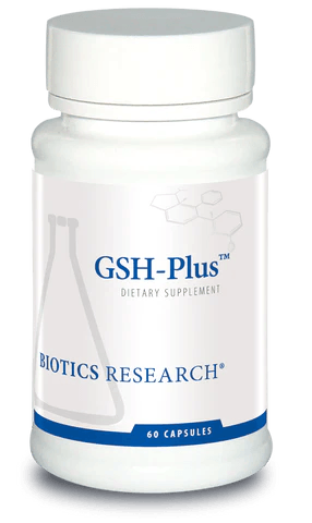 Biotics Research GSH-Plus dietary supplement bottle featuring white packaging with blue accents, a laboratory beaker graphic, and a 60 capsules count.