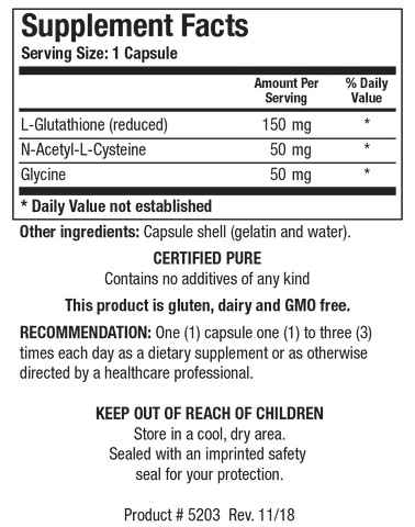 Supplement Facts label for GSH-Plus showing a serving size of 1 capsule, containing 150 mg of L-Glutathione (reduced), 50 mg of N-Acetyl-L-Cysteine, and 50 mg of Glycine