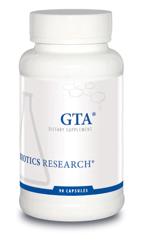 Biotics Research GTA dietary supplement bottle featuring white packaging with blue accents, a laboratory beaker graphic, and a 90 capsules count