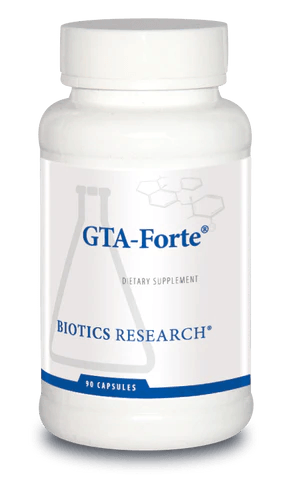 Biotics Research GTA-Forte dietary supplement bottle featuring white packaging with blue accents, a laboratory beaker graphic, and a 90 capsules count.