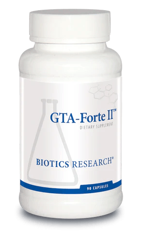Biotics Research GTA-Forte II dietary supplement bottle featuring white packaging with blue accents, a laboratory beaker graphic, and a 90 capsules count.