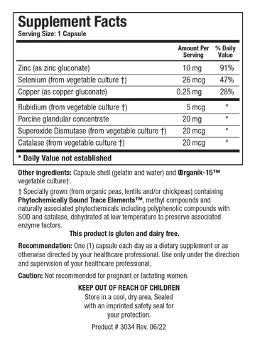 Supplement Facts label for GTA-Forte II showing a serving size of 1 capsule, containing 10 mg of Zinc, 26 mcg of Selenium, 0.25 mg of Copper, 5 mcg of Rubidium, 20 mg of Porcine Glandular Concentrate, 20 mcg of Superoxide Dismutase, and 20 mcg of Catalase.