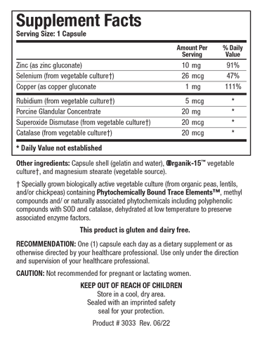 Supplement Facts label for GTA-Forte showing a serving size of 1 capsule, containing 10 mg of Zinc, 26 mcg of Selenium, 1 mg of Copper, 5 mcg of Rubidium, 20 mg of Porcine Glandular Concentrate, 20 mcg of Superoxide Dismutase, and 20 mcg of Catalase