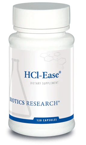 Biotics Research HCl-Ease dietary supplement bottle featuring white packaging with blue accents, a laboratory beaker graphic, and a 120 capsules count.