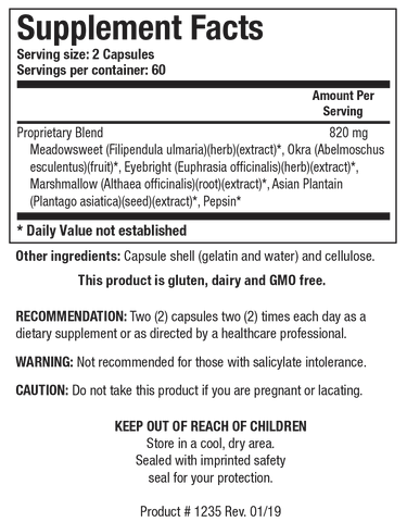 Supplement Facts label for HCl-Ease showing 60 servings per container with a serving size of 2 capsules, containing an 820 mg proprietary blend of Meadowsweet, Okra, Eyebright, Marshmallow, Asian Plantain, and Pepsin