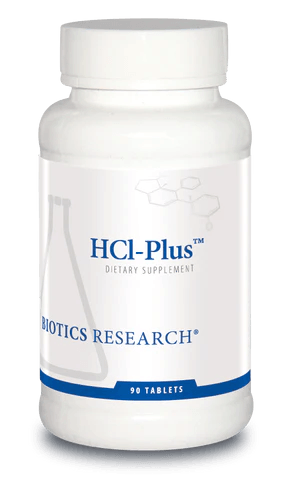 Biotics Research HCl-Plus dietary supplement bottle featuring white packaging with blue accents, a laboratory beaker graphic, and a 90 tablets count.