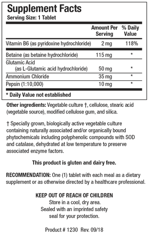 Supplement Facts label for HCl-Plus showing a serving size of 1 tablet, containing 2 mg of Vitamin B6, 115 mg of Betaine, 50 mg of Glutamic Acid, 35 mg of Ammonium Chloride, and 10 mg of Pepsin.