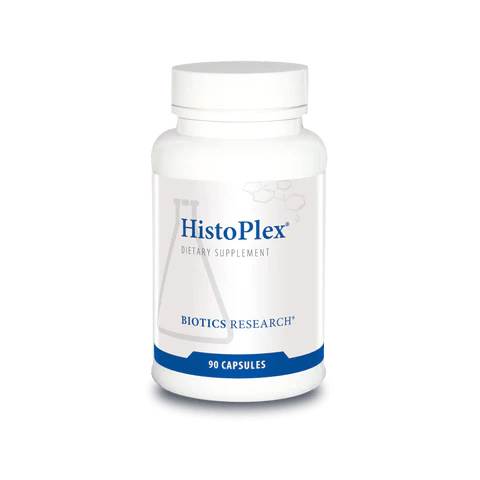 Biotics Research HistoPlex dietary supplement bottle featuring white packaging with blue accents, a laboratory beaker graphic, and a 90 capsules count.