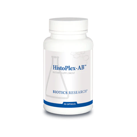 Biotics Research HistoPlex-AB dietary supplement bottle featuring white packaging with blue accents, a laboratory beaker graphic, and a 90 capsules count.