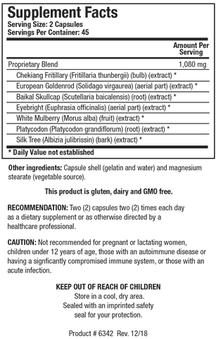 Supplement Facts label for HistoPlex-AB showing 45 servings per container with a serving size of 2 capsules, containing a 1,080 mg proprietary blend of Chekiang Fritillary, European Goldenrod, Baikal Skullcap, Eyebright, White Mulberry, Platycodon, and Silk Tree.