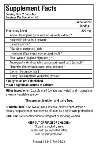 Supplement Facts label for HistoPlex showing 45 servings per container with a serving size of 2 capsules, containing a 1,200 mg proprietary blend of Indian Elecampane, hesperidin, dimethylglycine, olive leaf, hydrangea, black walnut, andrographis, picrorhiza, calcium borogluconate, and turkey tails.