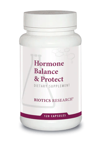 Biotics Research Hormone Balance & Protect dietary supplement bottle featuring white packaging with maroon accents, a laboratory beaker graphic, and a 120 capsules count.