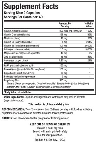 Supplement Facts label for Hormone Balance &amp; Protect showing 60 servings per container with a serving size of 2 capsules, containing vitamins A, C, niacin, B6, B5, iodine, magnesium, zinc, copper, PABA, broccoli seed extract, grape seed extract, boron, and a proprietary blend of ginseng, citrus bioflavonoids, stinging nettle, and milk thistle.