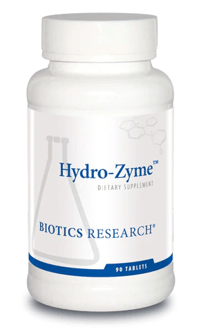 Biotics Research Hydro-Zyme dietary supplement bottle featuring white packaging with blue accents, a laboratory beaker graphic, and a 90 tablets count
