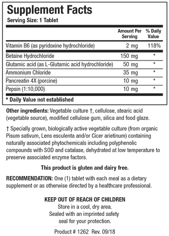 Supplement Facts label for Hydro-Zyme showing a serving size of 1 tablet, containing 2 mg of Vitamin B6, 150 mg of Betaine Hydrochloride, 50 mg of Glutamic acid, 35 mg of Ammonium Chloride, 10 mg of Pancreatin 4X, and 10 mg of Pepsin.