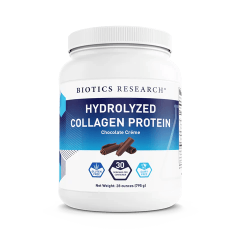 Biotics Research Hydrolyzed Collagen Protein Chocolate Crème dietary supplement jar featuring white packaging with blue accents, chocolate curls graphic, and a Net Weight 28 ounces (795 g) size with 30 servings per container.