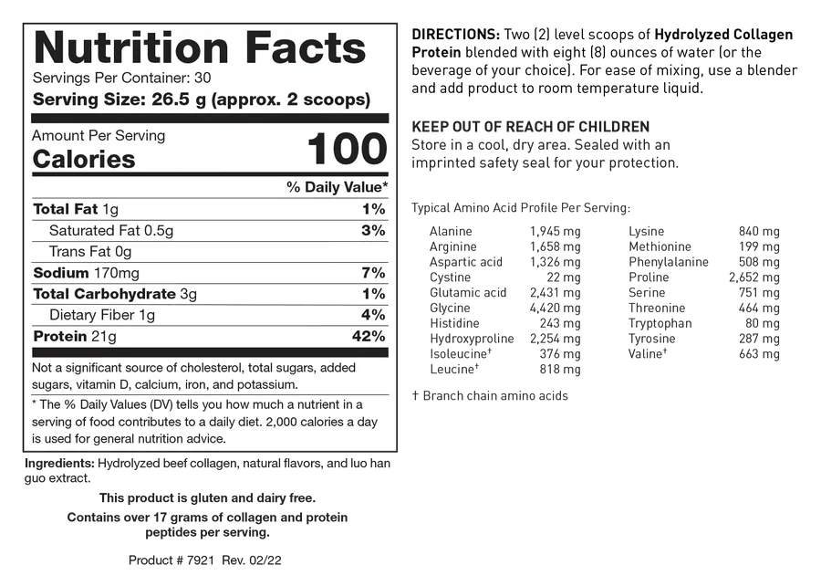 Nutrition Facts label for Biotics Research Hydrolyzed Collagen Protein Chocolate Crème showing 30 servings per container with a serving size of 26.5 g (approx. 2 scoops), containing 100 calories, 1 g of total fat, 170 mg of sodium, 3 g of total carbohydrate, 1 g of dietary fiber, and 21 g of protein