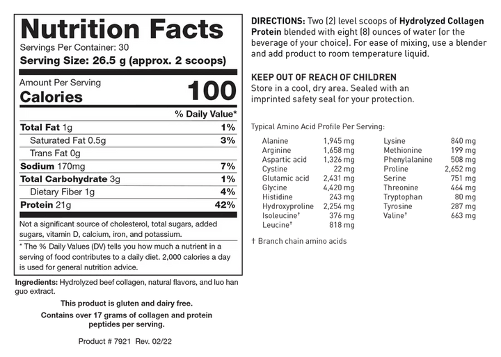 Nutrition Facts label for Biotics Research Hydrolyzed Collagen Protein Chocolate Crème showing 30 servings per container with a serving size of 26.5 g (approx. 2 scoops), containing 100 calories, 1 g of total fat, 170 mg of sodium, 3 g of total carbohydrate, 1 g of dietary fiber, and 21 g of protein