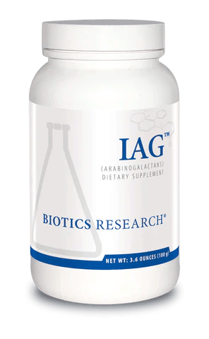 Biotics Research IAG (Arabinogalactans) dietary supplement bottle featuring white packaging with blue accents, a laboratory beaker graphic, and a Net Wt. 3.6 ounces (100 g) size.