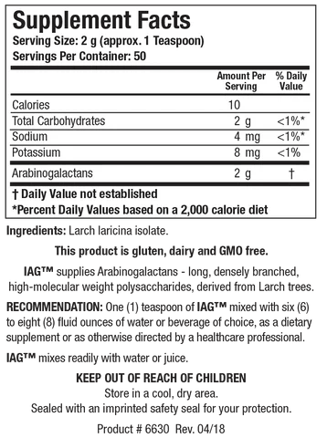 Supplement Facts label for IAG showing 50 servings per container with a serving size of 2 g (approx. 1 Teaspoon), containing 10 calories, 2 g of Total Carbohydrates, 4 mg of sodium, 8 mg of potassium, and 2 g of Arabinogalactans.
