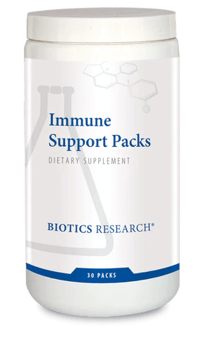Biotics Research Immune Support Packs dietary supplement container featuring white packaging with blue accents, a laboratory beaker graphic, and a 30 packs count