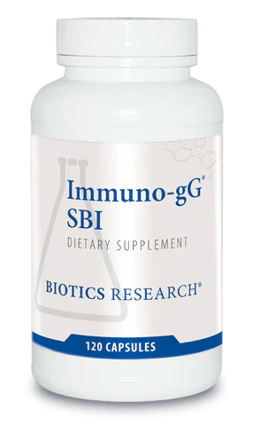 Biotics Research Immuno-gG SBI dietary supplement bottle featuring white packaging with blue accents, a laboratory beaker graphic, and a 120 capsules count.