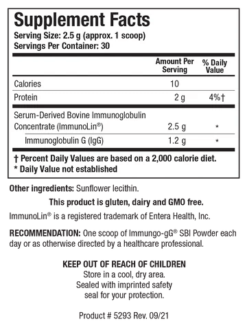 Supplement Facts label for Immuno-gG SBI Powder showing 30 servings per container with a serving size of 2.5 g (approx. 1 scoop), containing 10 calories, 2 g of protein, 2.5 g of Serum-Derived Bovine Immunoglobulin Concentrate (ImmunoLin), and 1.2 g of Immunoglobulin G (IgG).
