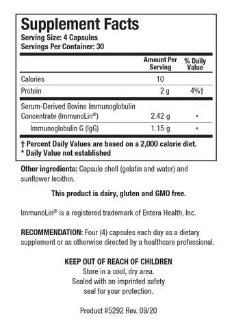 Supplement Facts label for Immuno-gG SBI showing 30 servings per container with a serving size of 4 capsules, containing 10 calories, 2 g of protein, 2.42 g of Serum-Derived Bovine Immunoglobulin Concentrate (ImmunoLin), and 1.15 g of Immunoglobulin G (IgG).
