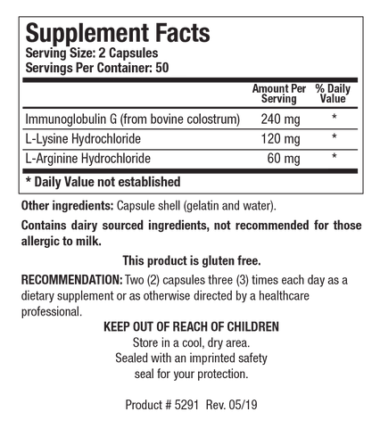 Supplement Facts label for Immuno-gG showing 50 servings per container with a serving size of 2 capsules, containing 240 mg of Immunoglobulin G from bovine colostrum, 120 mg of L-Lysine Hydrochloride, and 60 mg of L-Arginine Hydrochloride.