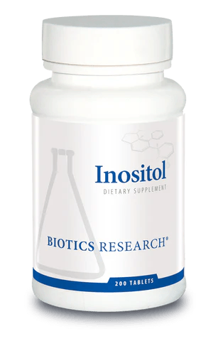 Biotics Research Inositol dietary supplement bottle featuring white packaging with blue accents, a laboratory beaker graphic, and a 200 tablets count.