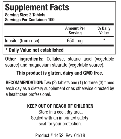 Supplement Facts label for Inositol showing 100 servings per container with a serving size of 2 tablets, containing 650 mg of Inositol derived from rice.