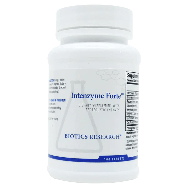 Biotics Research Intenzyme Forte dietary supplement bottle featuring white packaging with blue accents, a laboratory beaker graphic, and a 100 tablets count.