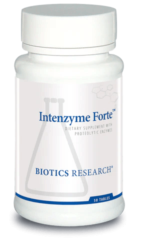 Biotics Research Intenzyme Forte dietary supplement bottle featuring white packaging with blue accents, a laboratory beaker graphic, and a 50 tablets count