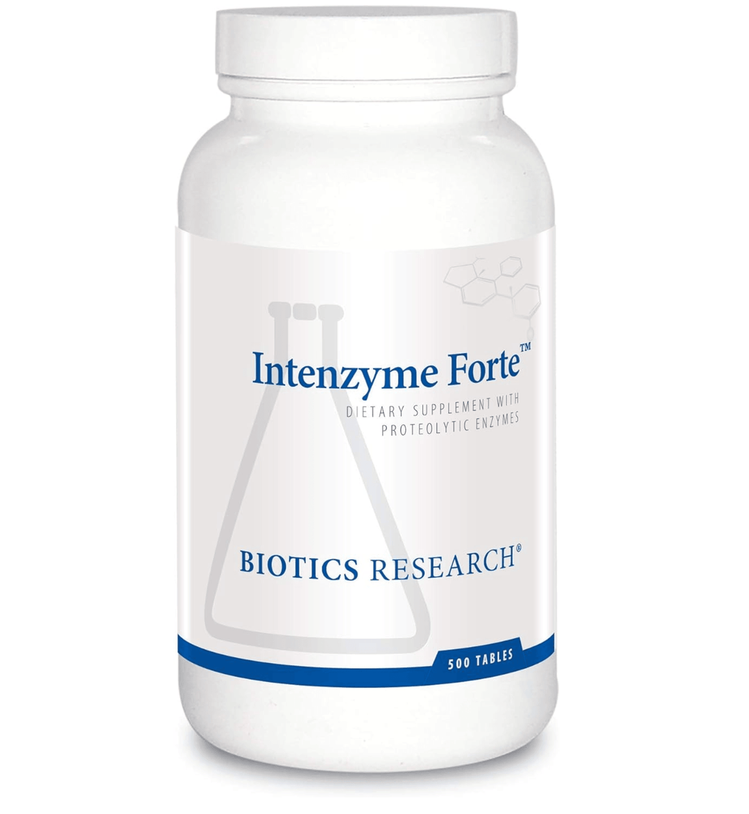 Biotics Research Intenzyme Forte dietary supplement bottle featuring white packaging with blue accents, a laboratory beaker graphic, and a 500 tablets count.